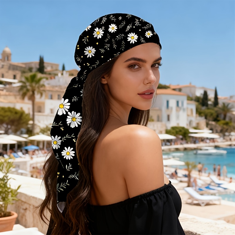 TEMU 2d Flat Outdoor Multifunctional Headband, Black And White Daisy Print Headscarf, Outdoor Sports/casual Wear/travel, Beach/music Festival,