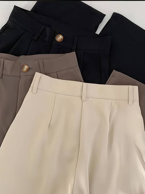 3pcs womens elegant straight leg button up trousers office casual pants in black beige brown polyester spandex blend machine washable non stretch versatile wear professional attire clothing