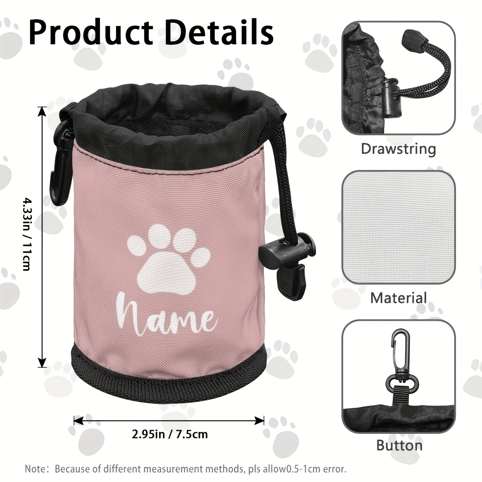 E-shop Hunde Leckerli Tasche mit Kordelzug und individuellem Namen - Tragbarer Hunde Trainingsbeutel mit Pfoten-Herz-Design, aus strapazierfähigem