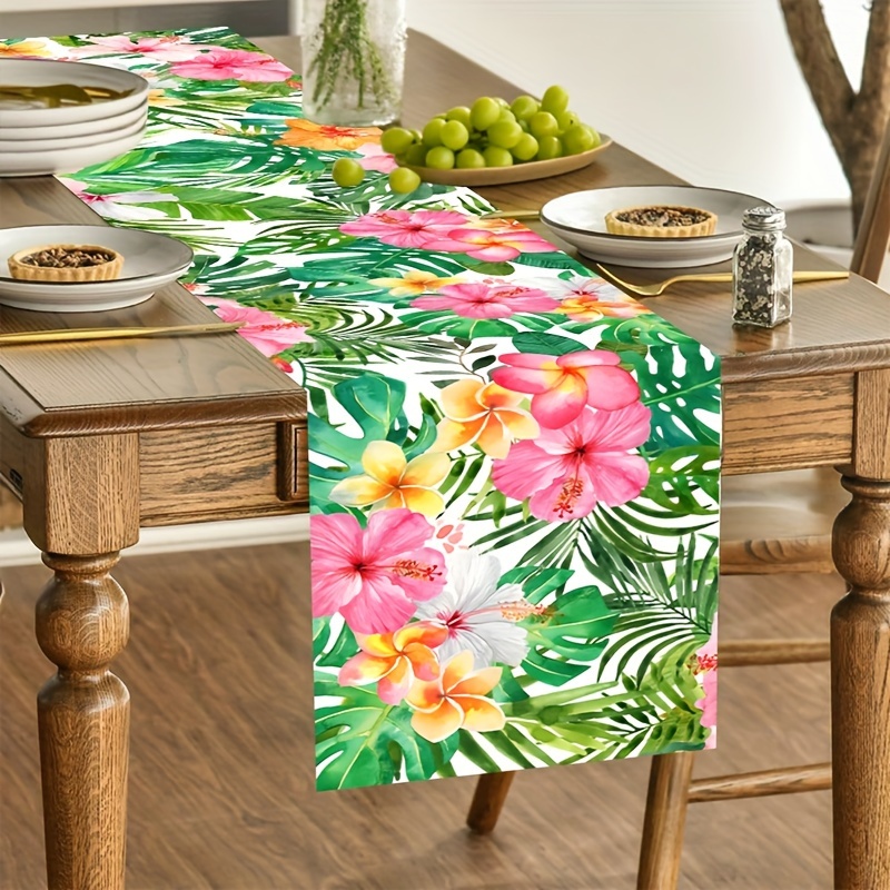 

1 pièce, chemin de table anniversaire hawaïen, 180*35 cm, chemin de table en polyester, motif fleurs d'été, décoration de fête d'anniversaire sur le thème hawaïen tropical, décoration de table pour .