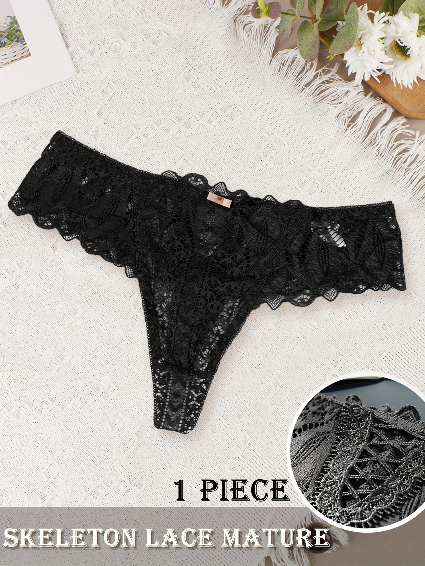 Sexy Solid Thongs Breathable Comfy Floral Lace Hollow - Temu