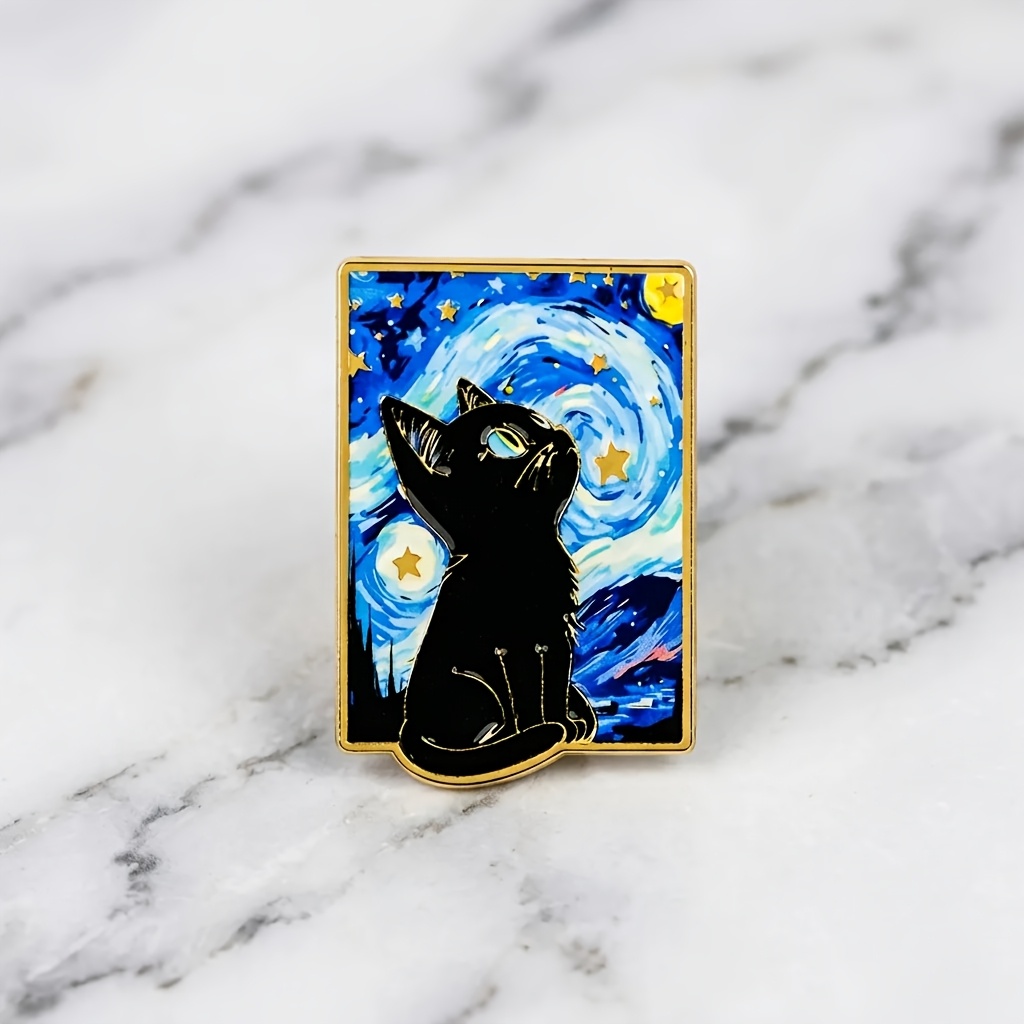 TEMU Van Gogh Starry Night Black Cat Enamel Pin 1pc - Artistic Cute Cat Brooch For Backpack, Pants, Hat, Gift For Art Lovers