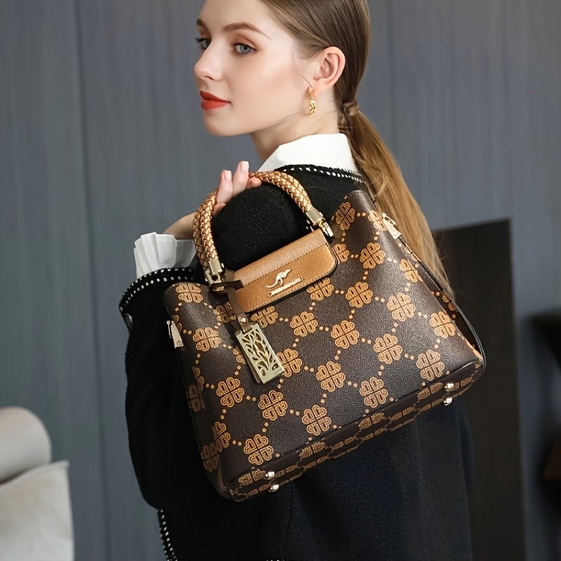 womens light luxury animal print tote bag genuine leather high quality handbag with detachable shoulder strap zipper closure large capacity for commuting work travel copper wine red work handbag elegant bucket bag polyester lined Product details 3