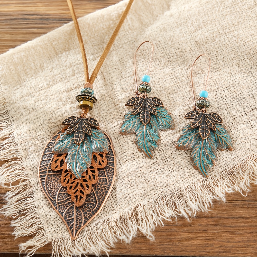 TEMU 3pcs Bohemian Vintage Tribal Style, Antique Bronze With Green Distressed Finish, Leaf-shaped Pendant Long Drop Earrings With Large Hooks, Long