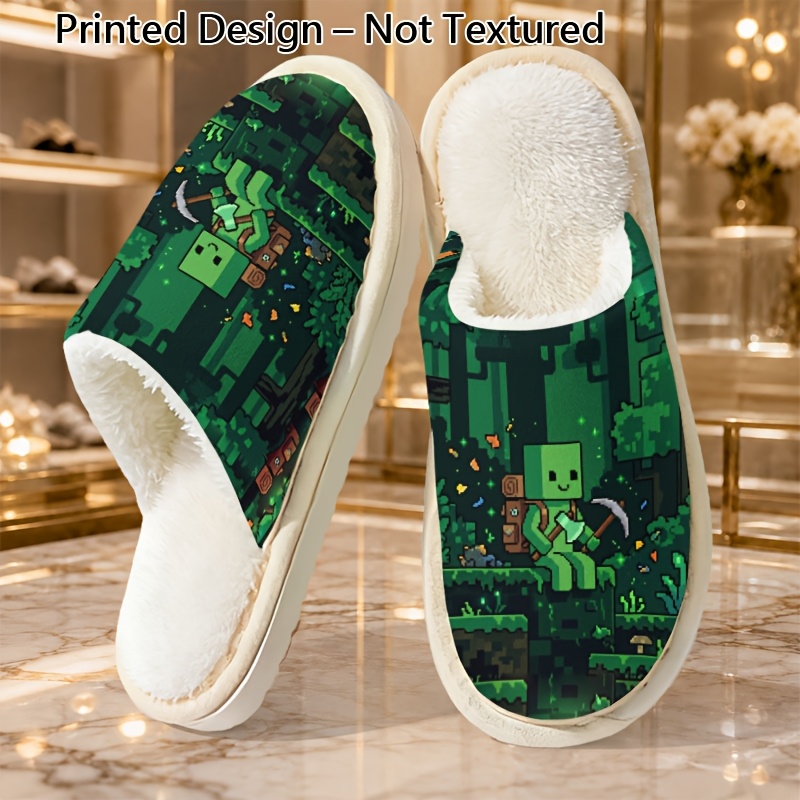 TEMU Print Design Not Textured Pixel Jungle Men's Home Slippers Plush Lining Warm Indoor Slippers Lightweight Adventure Game Style Holiday Gift Men's