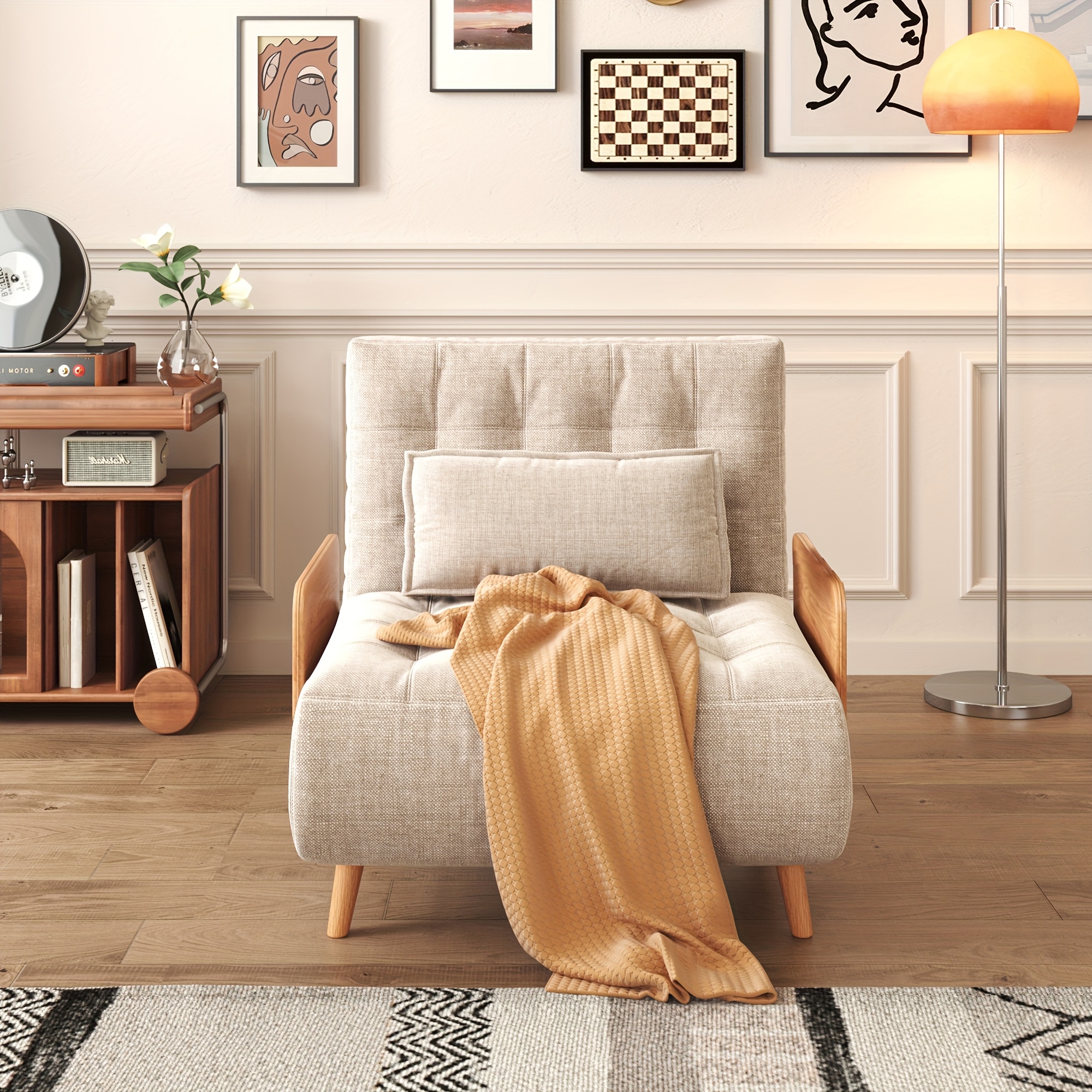 1 Modern Cotton And Linen Convertible Sofa Bed with 5 Adjustable Backs, Adjustable Height Pillows - Living Room Recliner, Single Or Double Use, Living Room Furniture Sofa | Neutral Home Decor | Wood Frame Sofa (Beige/Coffee)
