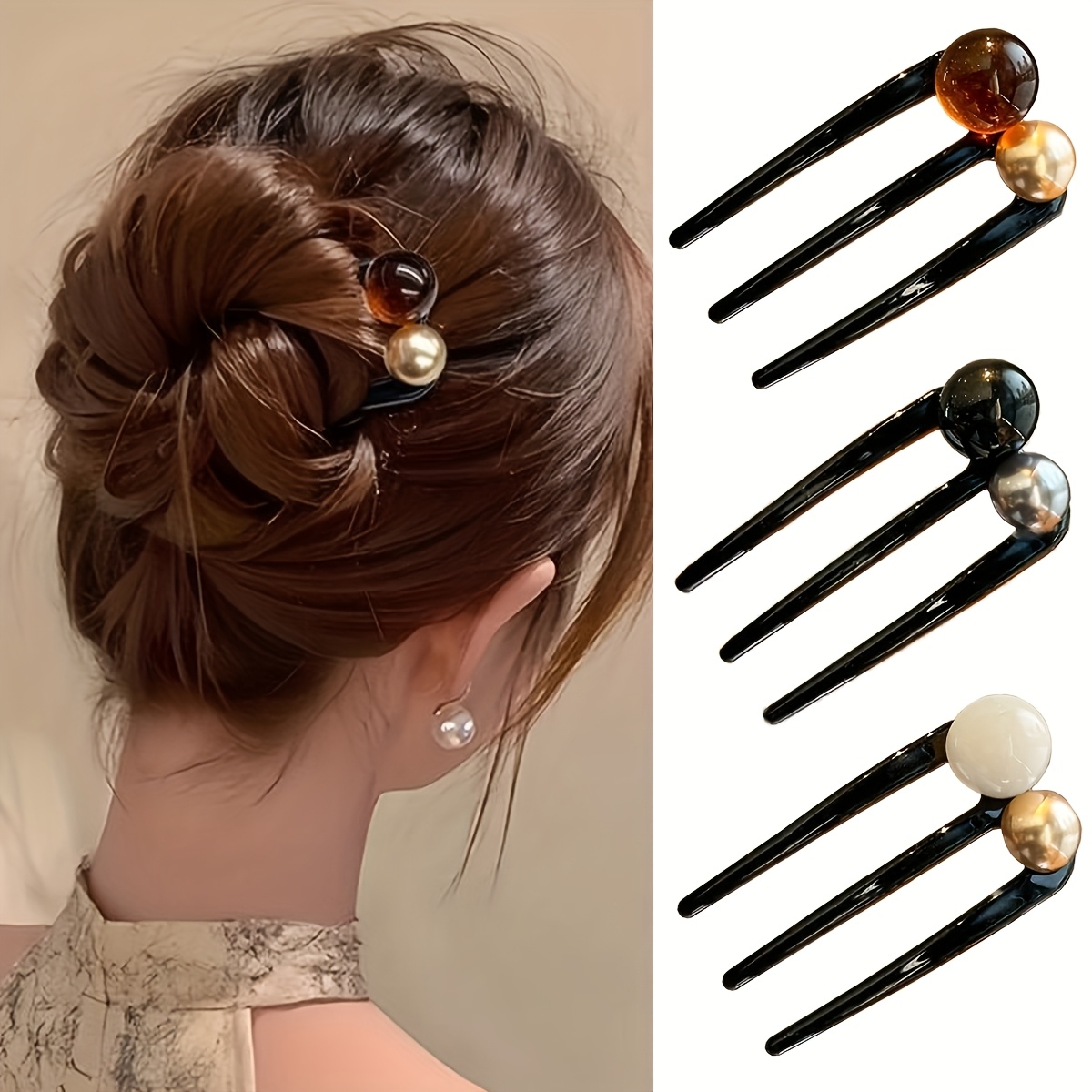 3pcs New Chinese Style Beaded U-shaped Hairpin, Suitable For Daily , Hair Styling, And Fixing Additions For High Buns At The Back Of