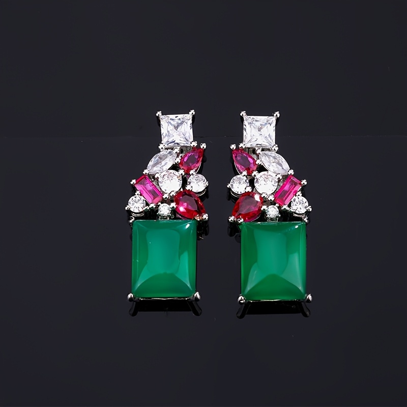 Luxurious Adjustable Ring & Princess Earrings Set, Green & Red Cubic Zirconia