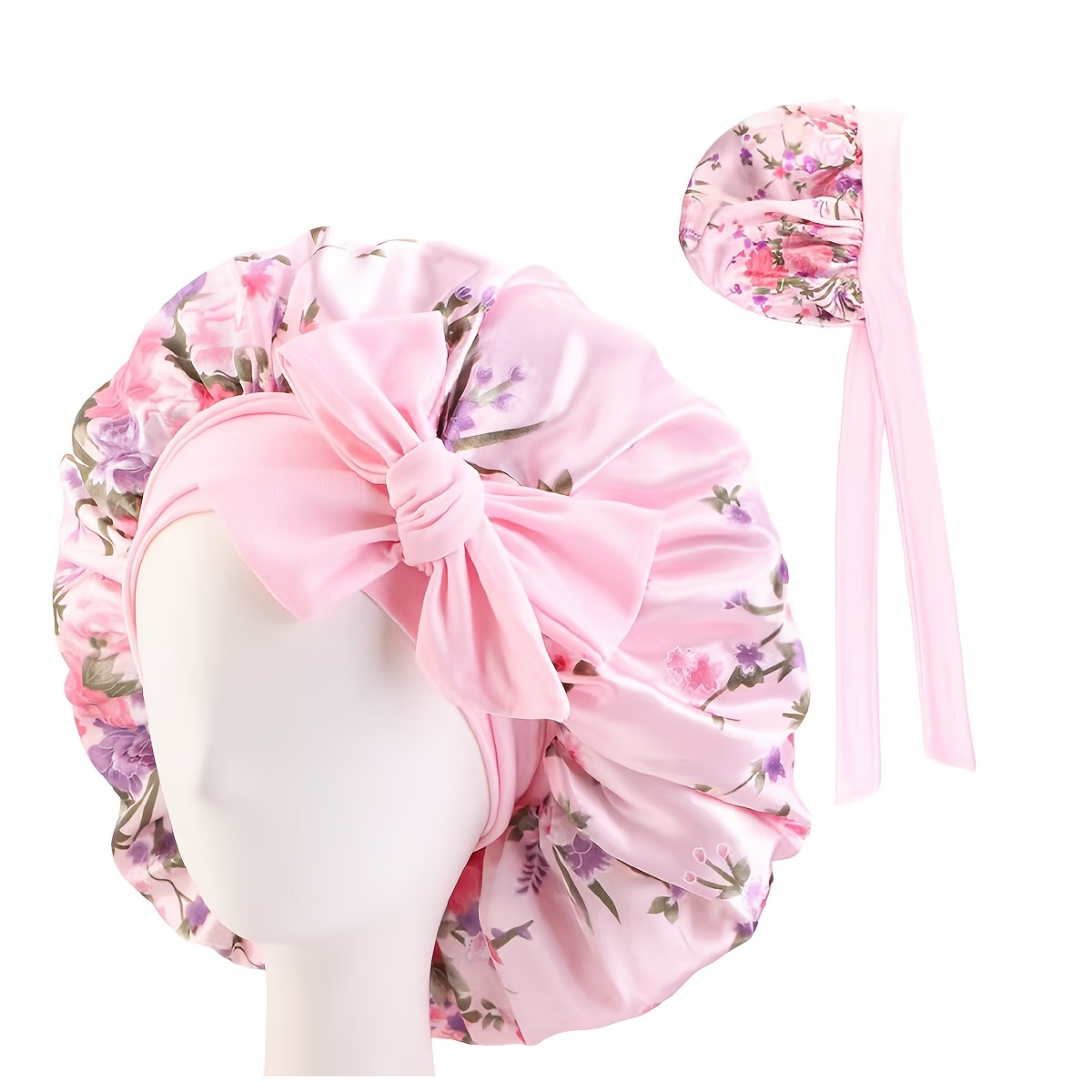 TEMU Un bonnet de nuit floral avec des attaches réglables, conçu aux cheveux bouclés