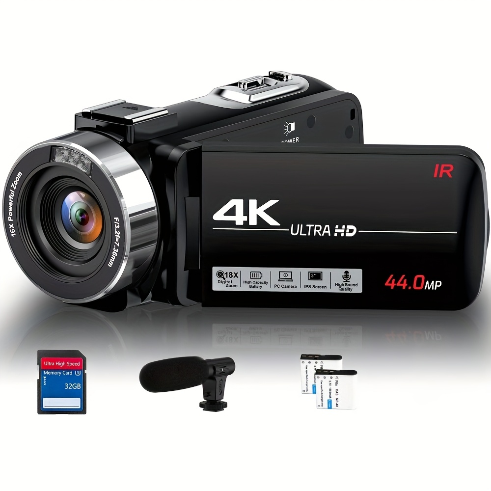 

4k Digital Camera With Night Vision - 44mp, 18x Digital , Handheld , 32gb Memory Card Included - Ideal For Photography & Video, Features Loop & Time- Recording, , And More