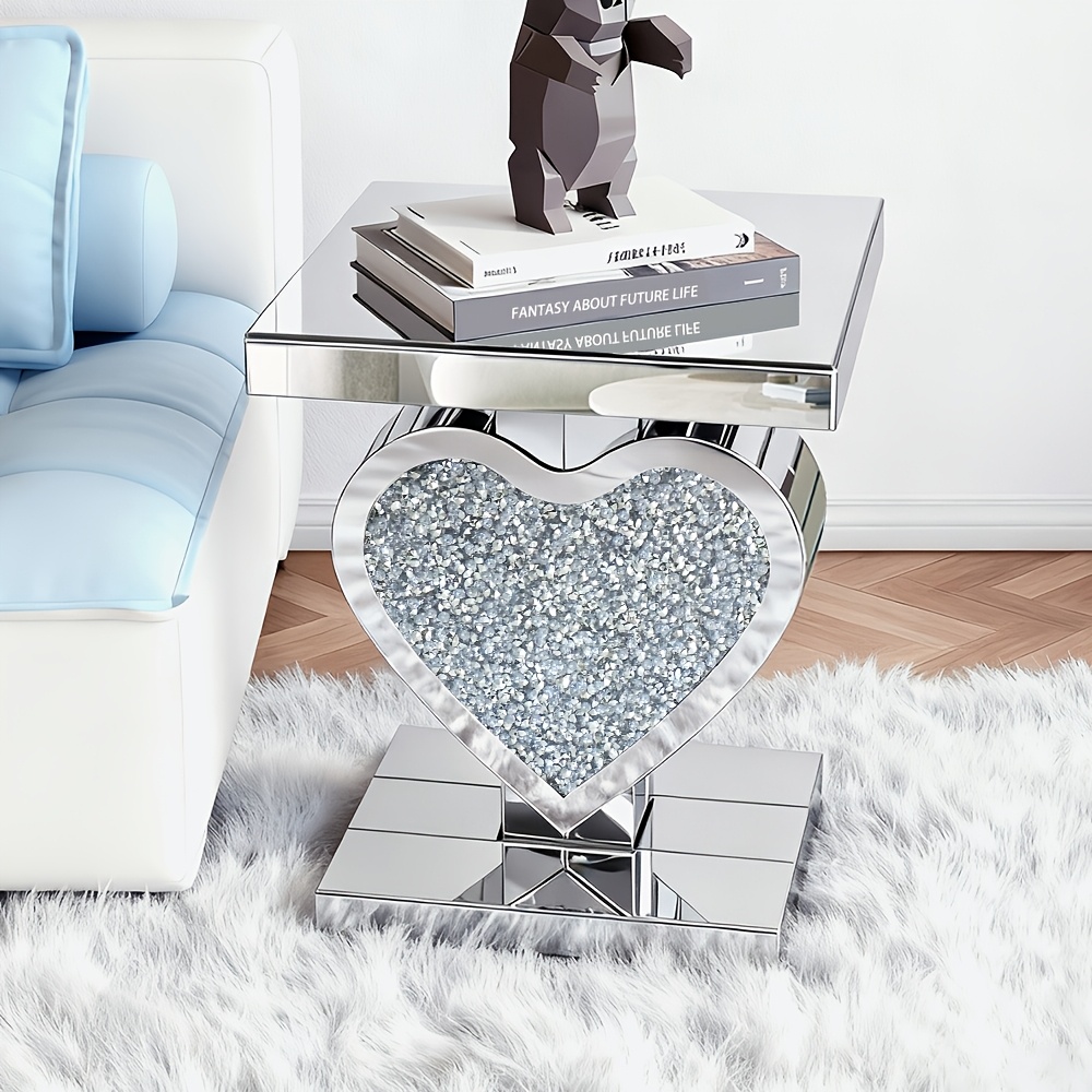 Crushed Diamond Silvery Mirror Base Heart Shaped Side Table, Mirror Finish Decorative Table for Bedroom, Entryway, Living Room.Small Mirrored Coffee Table
