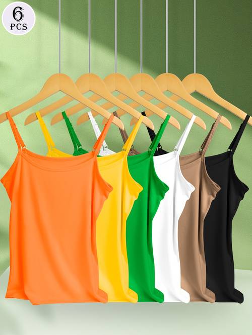 6pcs womens adjustable strapless tank tops vibrant orange white black beige casual summer casual attire comfortable sleeveless design lightweight fabric casual attire