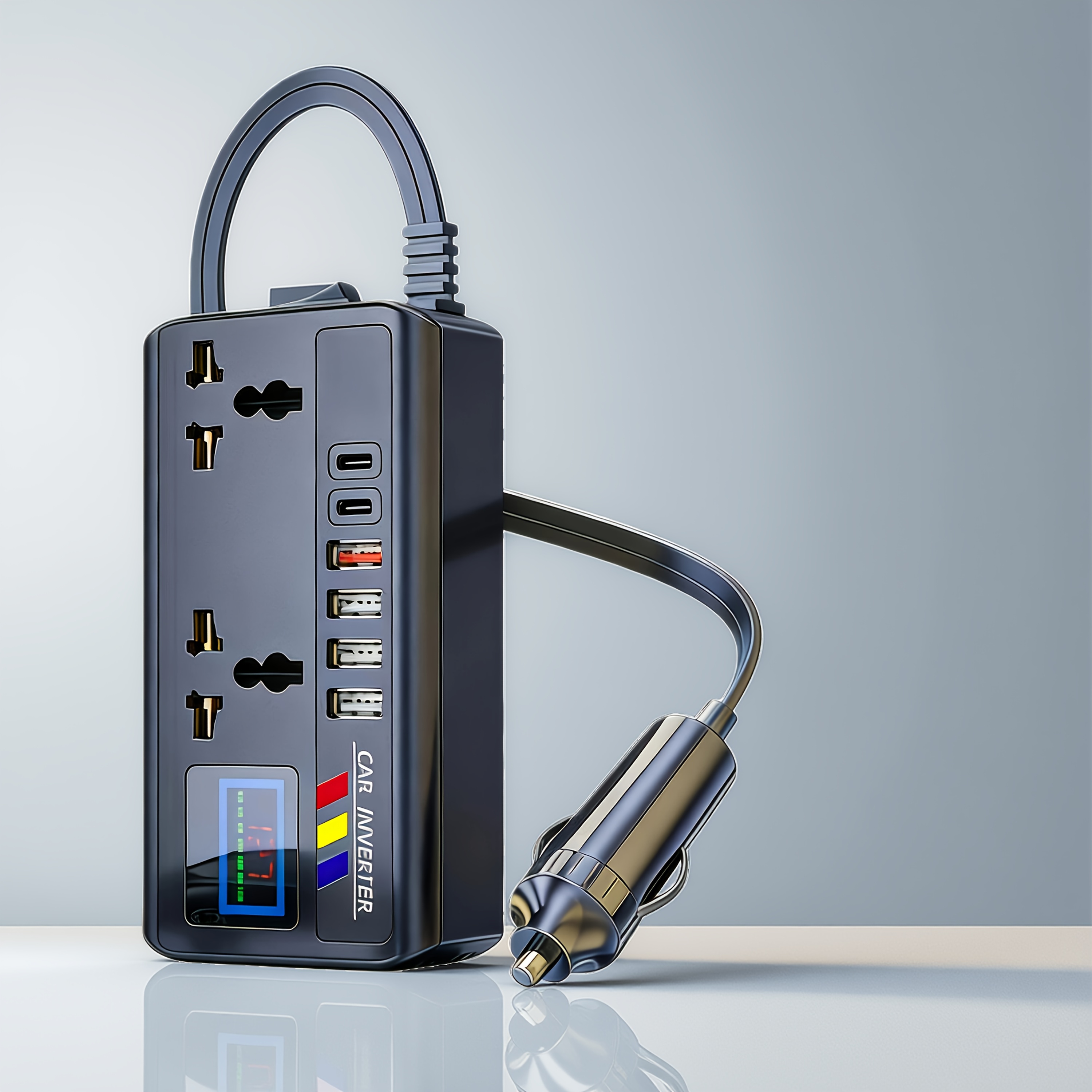 imagen del artículo inversor de corriente inteligente para coche de 200 w,   12   v    , cargador de coche multipuerto con   universales, 4 usb, 2 pd tipo-c, carga rápida de   completo, luz intermitente  , pantalla digital,   de energía para coche y camión