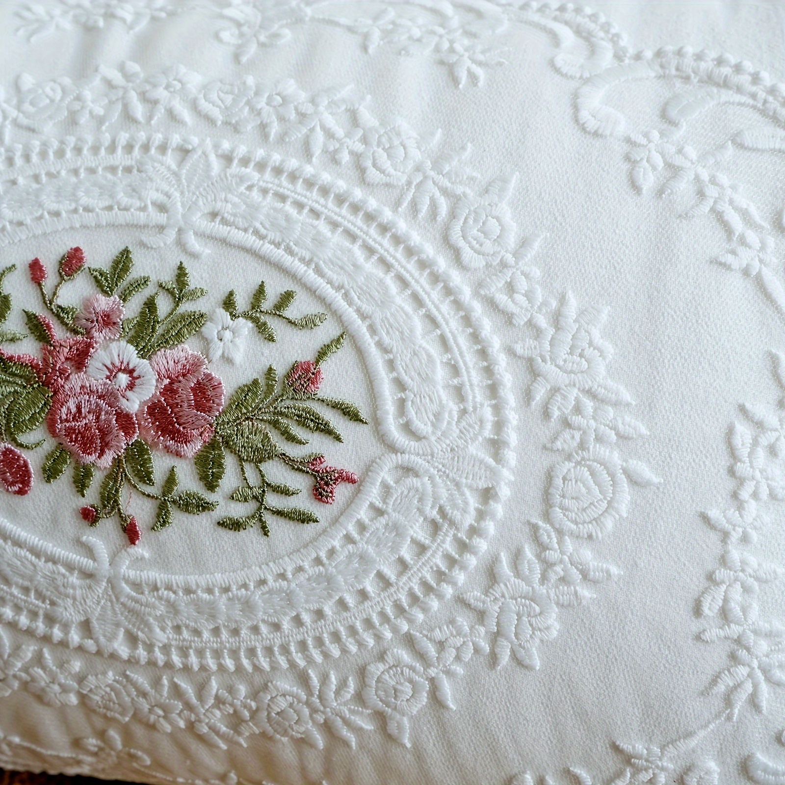 Elegant White Throw Pillow Cover with Floral Embroidery and Ruffle  Skirt 100% Polyester, Zip Closure Ideal for Room Sofa
