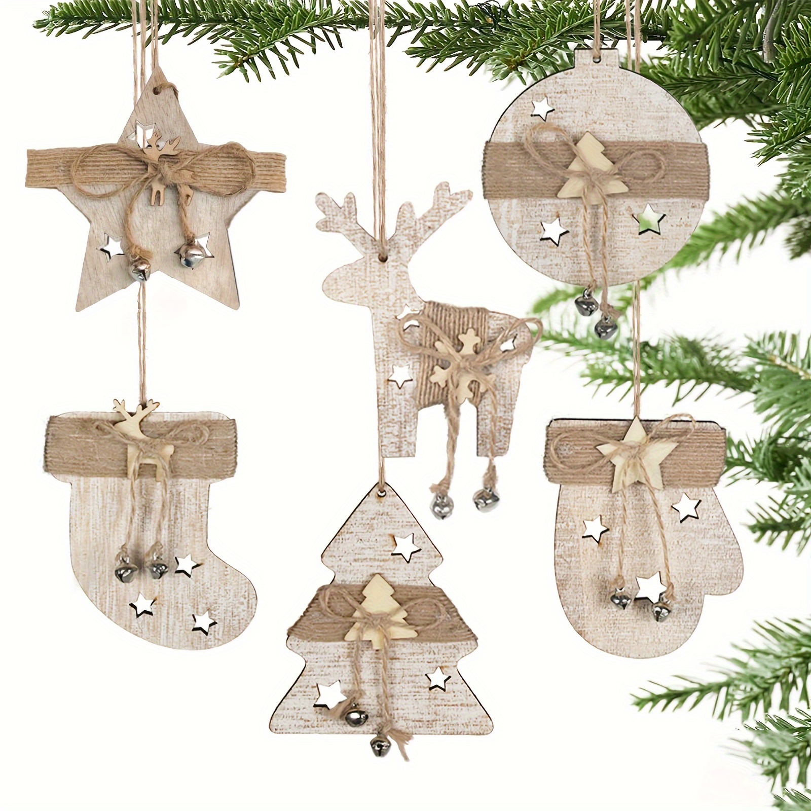 

12pcs Rustic Burlap & Wooden Christmas Tree Ornaments Set Drawstrings - 6 Unique Styles For Diy , , And Decor