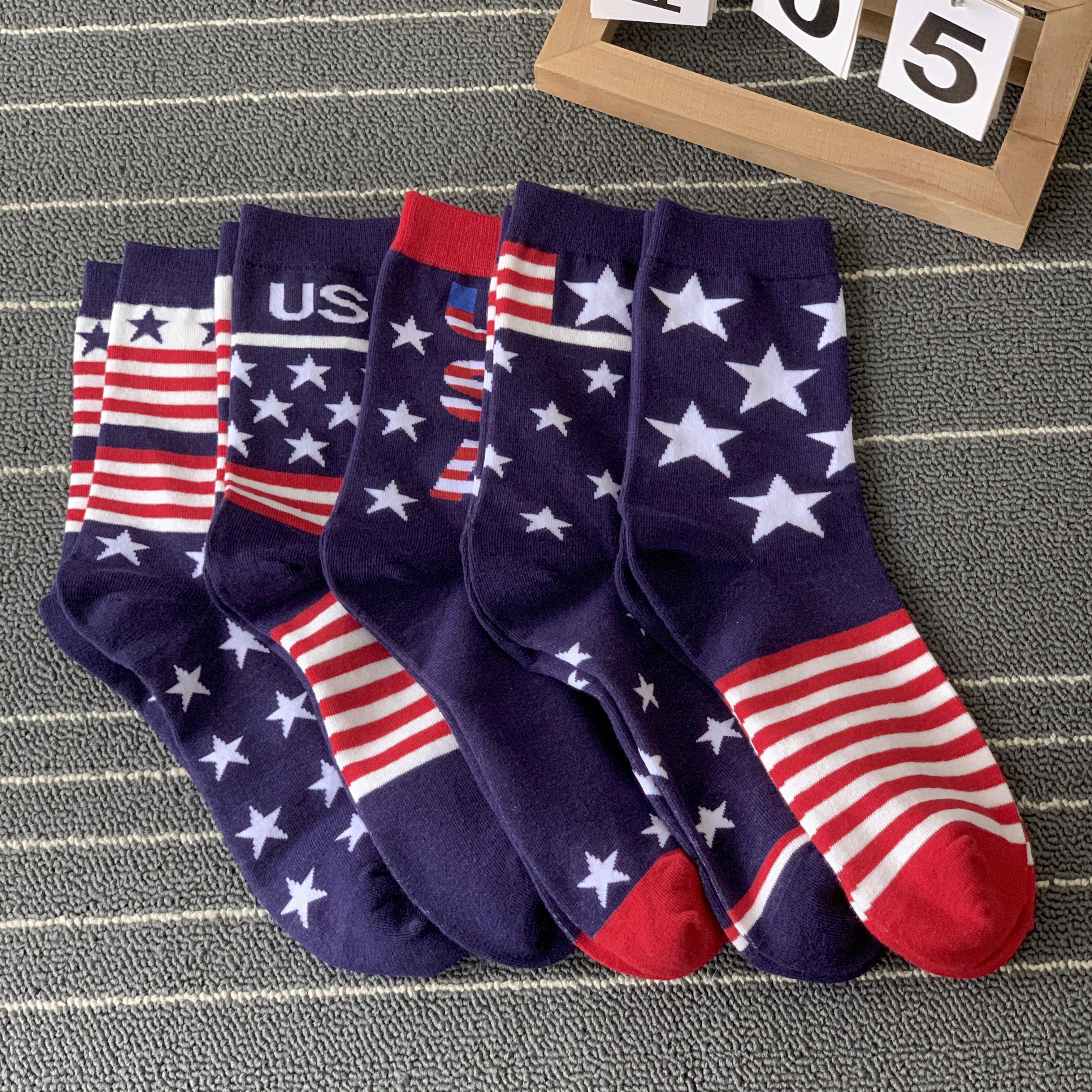 

5 Pairs Of Men's Independence Day Style Usa National Flag Pattern Crew Socks, Comfy Casual Soft & Elastic Crew Socks, Ideal Gifts For Friends, Spring & Summer