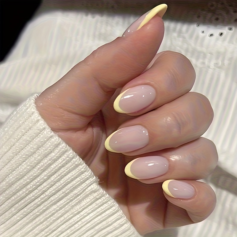 24pcs Short Oval Shape Press On Nails Yellow Nail Tip Fake Nails And Nude Pink Nails Design Full Cover Nails Minimalist Style Suitable For Daily Wear And Party Use By Women And