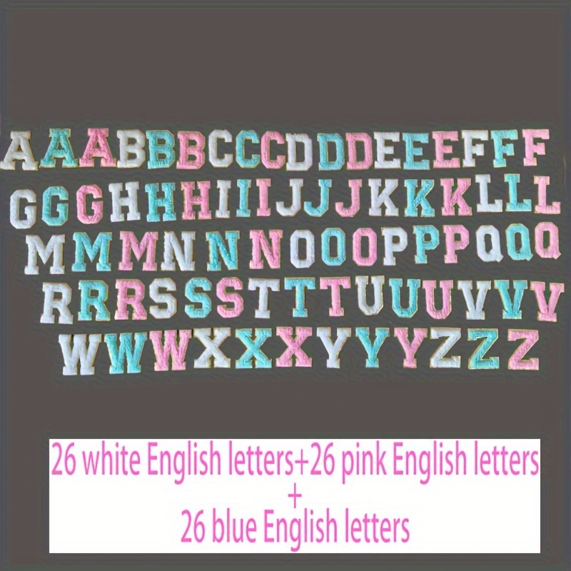 

Self-adhesive Chenille English Alphabet Letters Patches, 52-piece Set, No-sew Embroidered Appliques In White, Pink, Light Blue For Diy Decor, Clothing Repair & Decoration