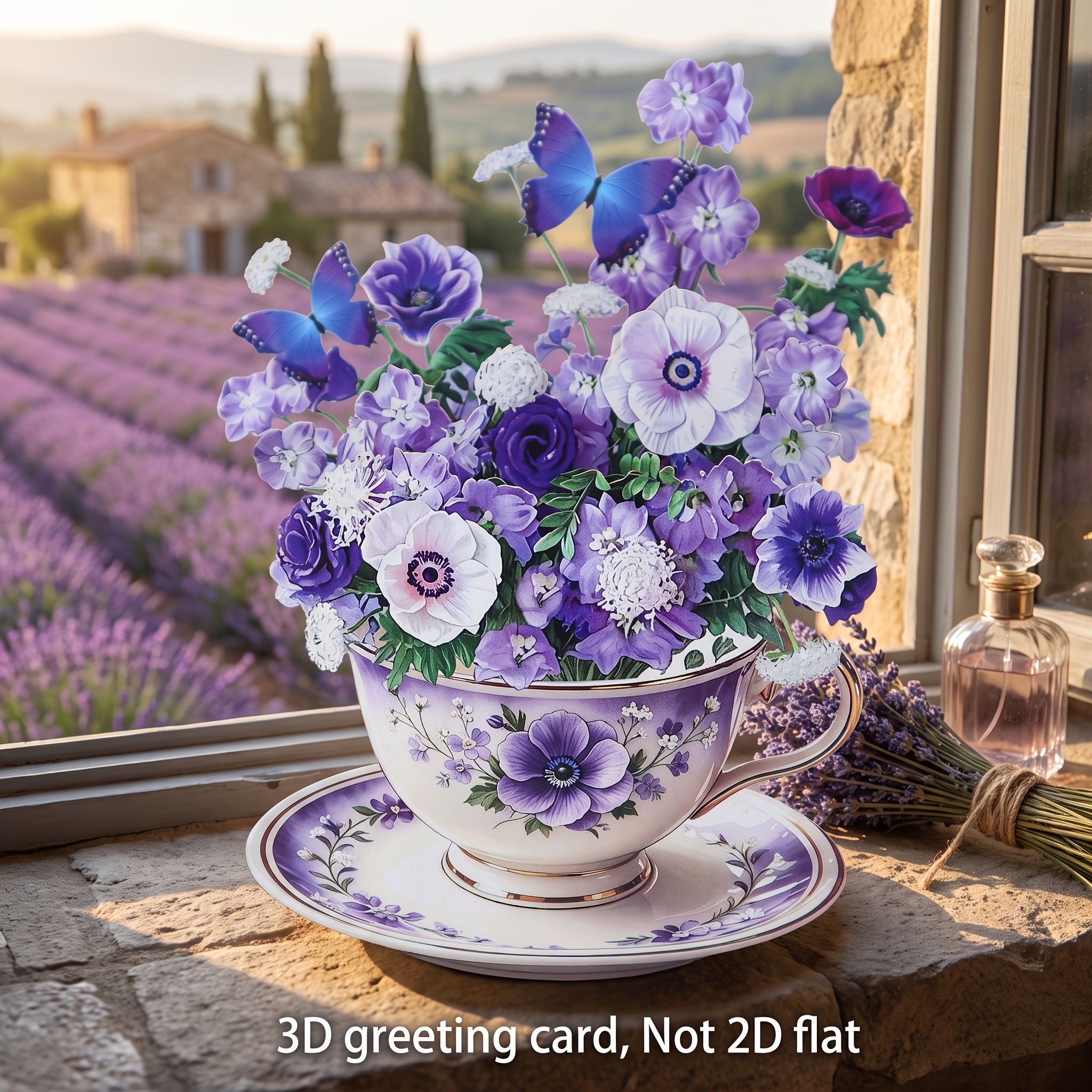 TEMU Carte de vœux pop-up 3D Tasse à thé florale violette , motif élégant de bouquet d', rose violette, , fleur de dentelle et , artisanat pliable