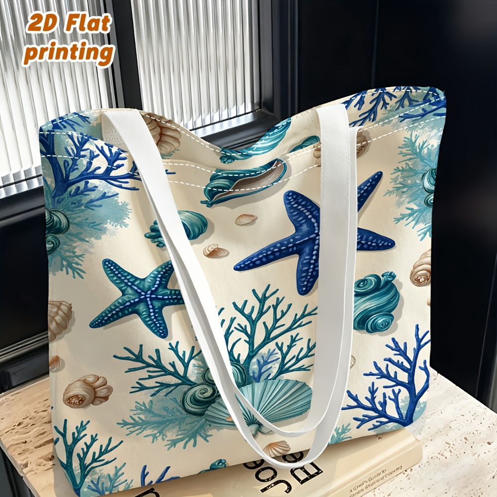 TEMU 1pc Starfish Seashells Ocean Pattern Print Women's Shoulder Bag, Clutch, Reusable Handbag/crossbody Bag, Fine , Lightweight With Large Capacity,