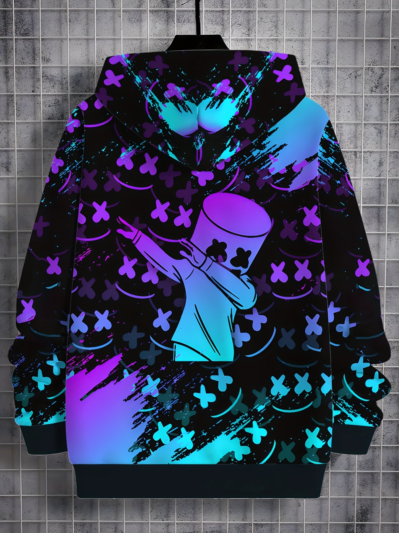 boys hip hop hoodie neon purple blue cyberpunk graphic long Temu