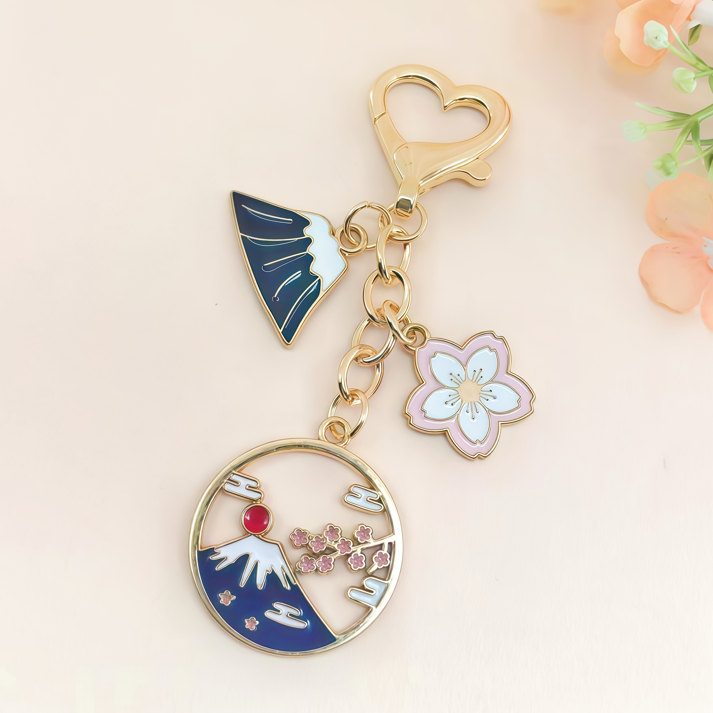 TEMU Pendentif porte-clés avec boucle de cœur de cerisier Fuji, creuses avec pendentif rond, pour les amateurs de style japonais, rangement de clés à