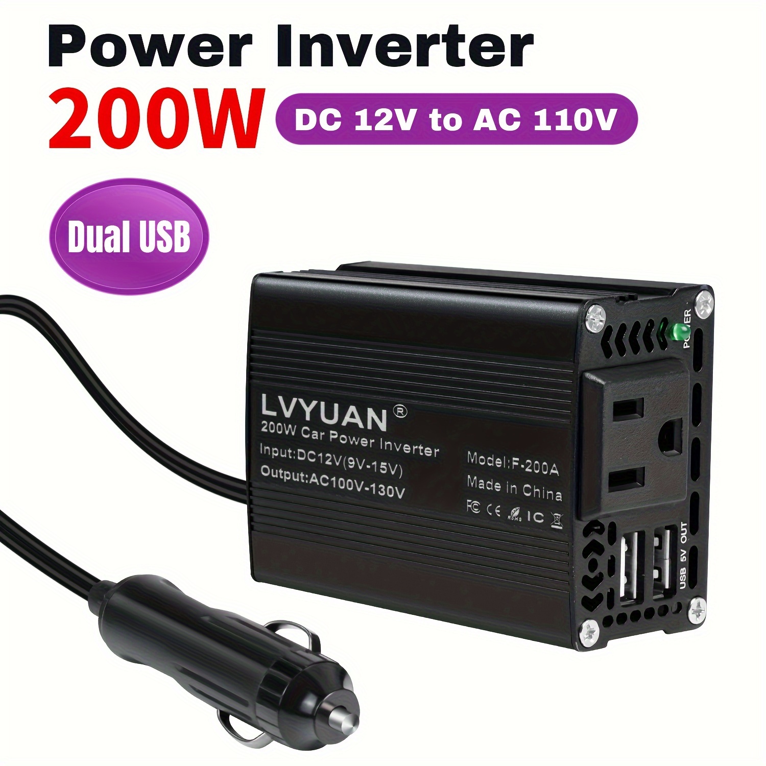 TEMU 200w Vehicle Power Inverter 12v To Ac 110v, Featuring A Pd 20w And Qc 3.0 20w 3.1a Dual Usb Car Charger And Car Plug Socket, Perfect For Car Accessories And Christmas Gifts, Without Battery