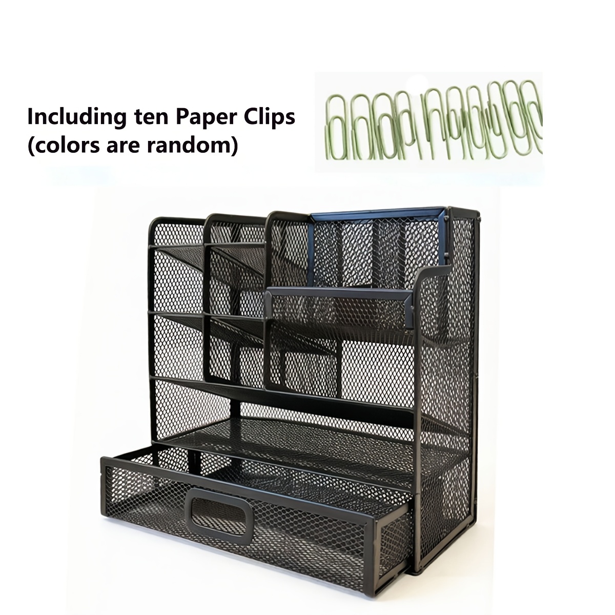 TEMU 1pc Iron Mesh Desktop Organizer (with 10pcs Random Colors Paper Clips, For File Management), Multi-compartment With Drawer, Multifunctional