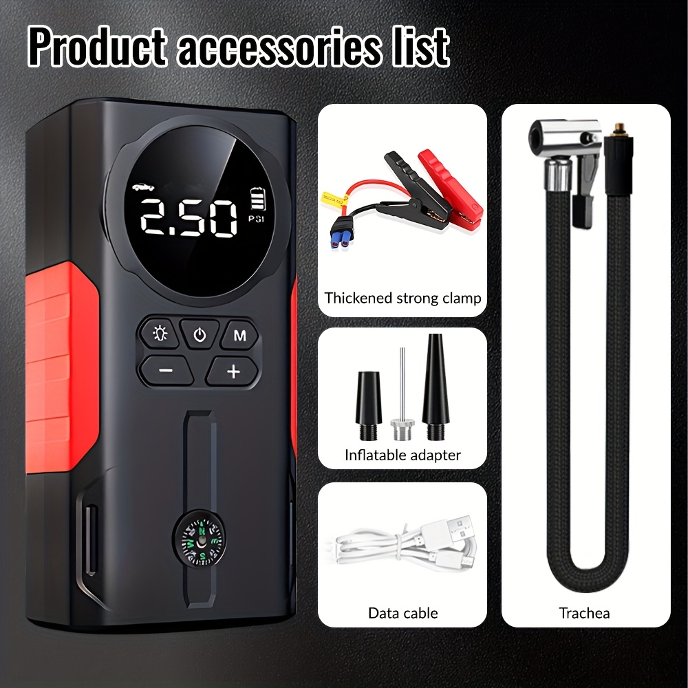 TEMU Portable Car Jump Starter - Power, 150 Psi Tire Inflator, Led Flashlight, Power Bank | 39800mah Rechargeable Battery For Safe Jumps & Emergency