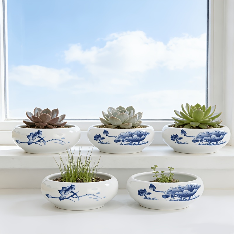 *. handbemalter Lotus-Keramik-Blumentopf * von zwei zuflligen Mustern,  eleganter flacher Pflanzkbel im chinesischen Stil fr Zimmerpflanzen,  Sukkulenten, Hydroponik, wetterfest * ...
