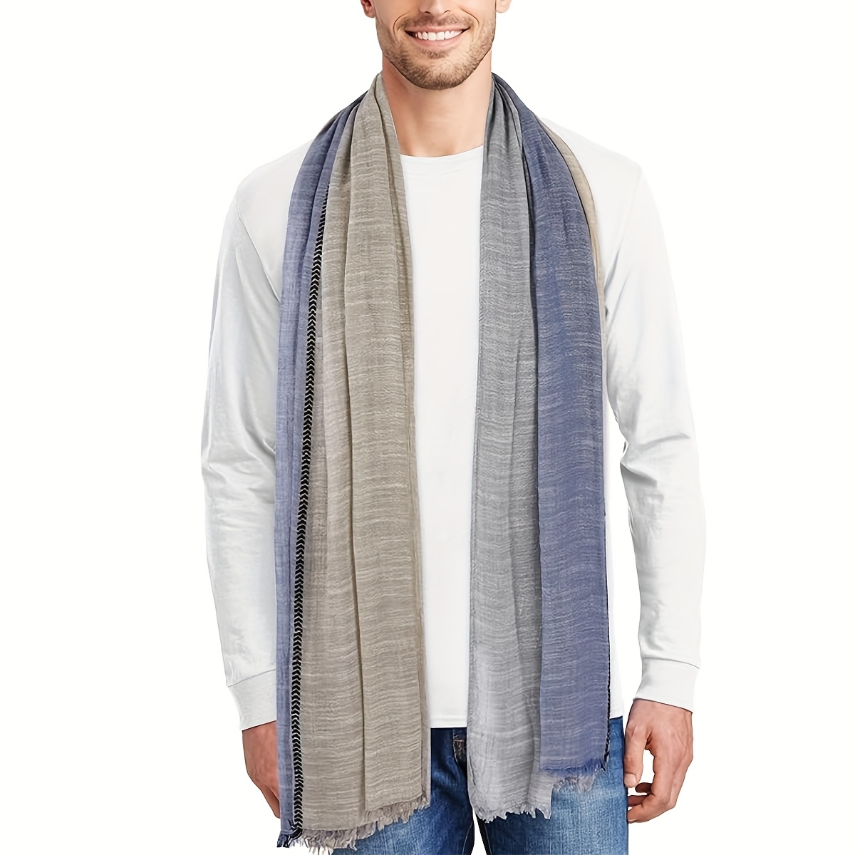 Image of 1pc Men's Elegant Vintage Beige Woven Scarf - Soft Warm Winter Neck Tie & Shawl-like Accessory For Christmas, Weddings, Parties