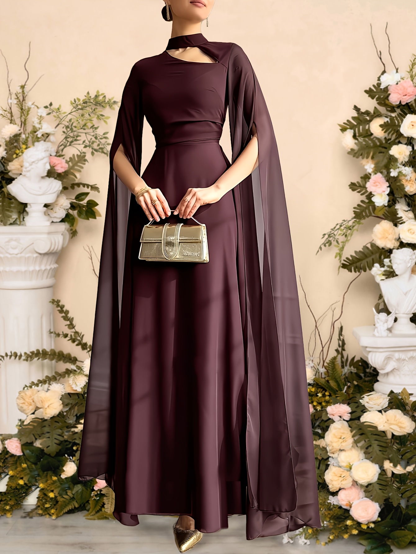 Elegant Dark Red Slit Sleeve Long Dress Adjustable Waist