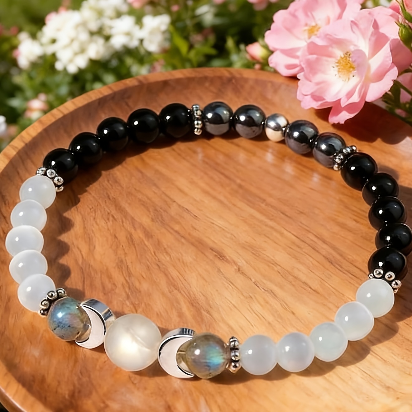 TEMU 1pc Moon Bracelet, Black, Transparent Alabaster, And Hematite Moon Phase Pendant, Stretchable, With Balancing And Purifying , Crystal Bracelet