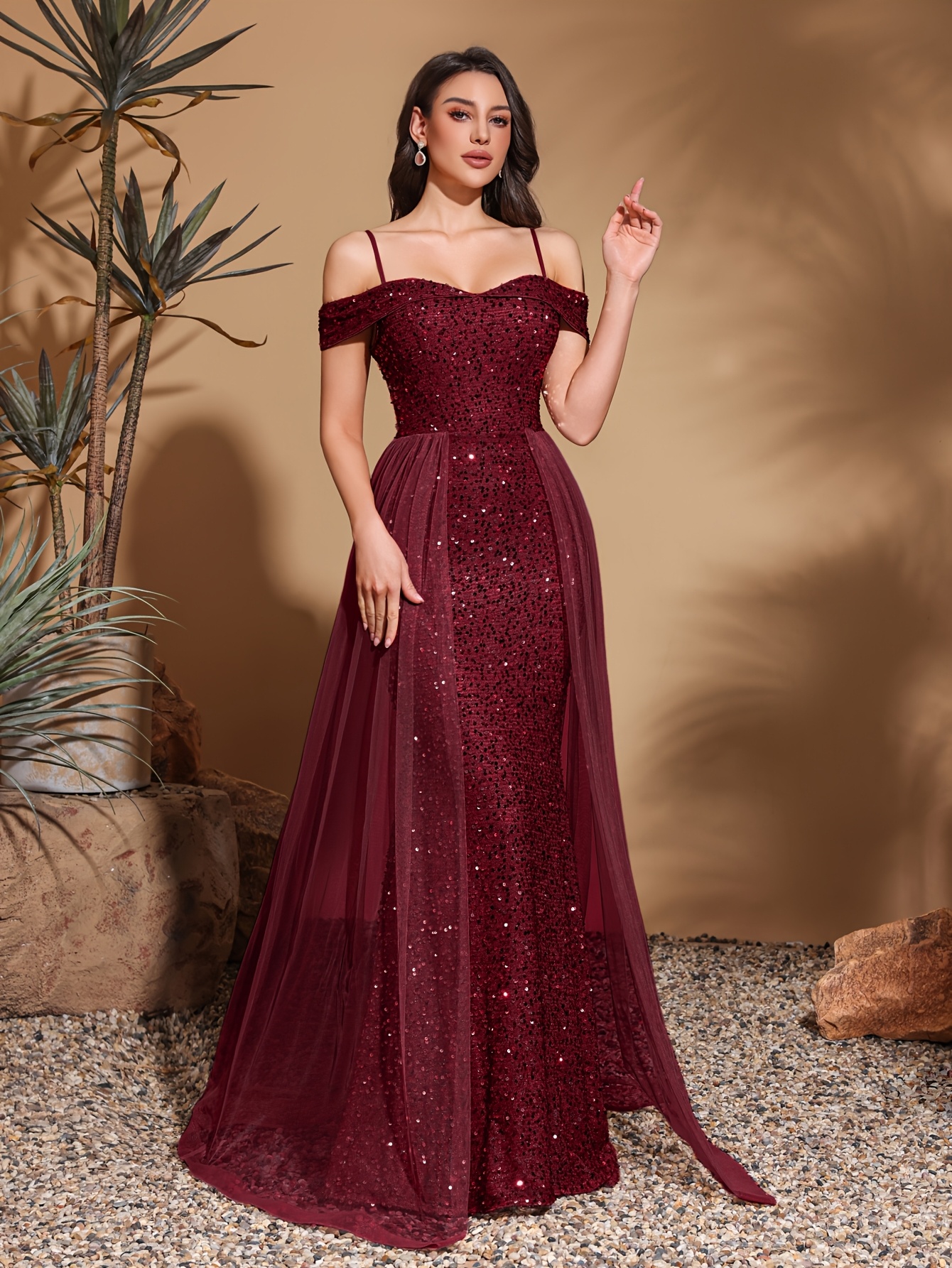 sequin spaghetti strap shoulder mesh flutter dress family - Temu