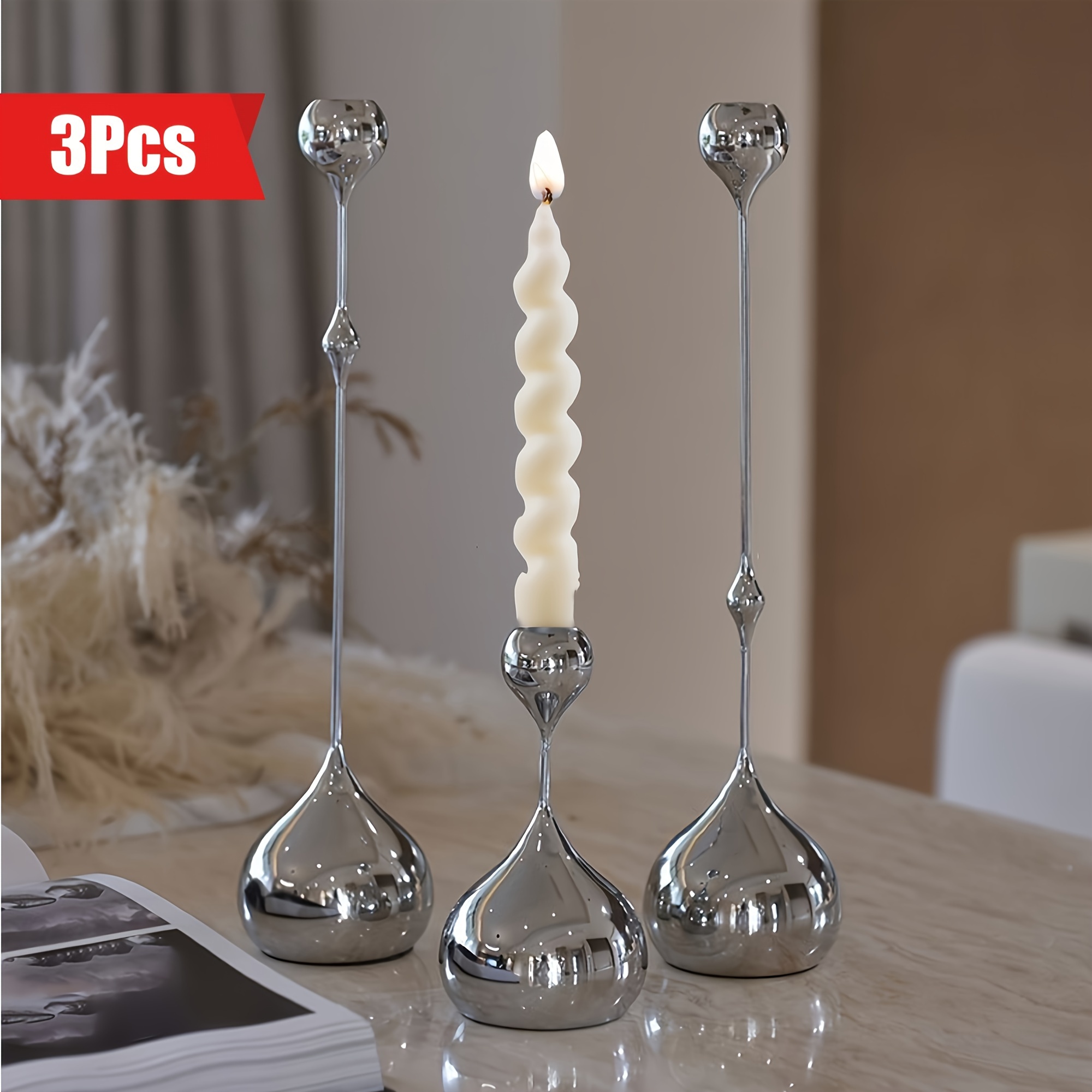 

A Set Of 3 Silvery And Water Drop Candle Holders, Luxurious Modern Decorative Candle Holders, Holidays, Weddings, And Housewarming Gifts.