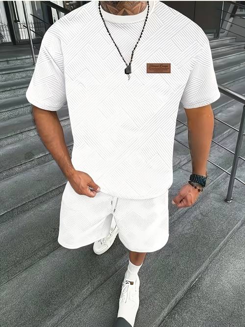 item picture mens summer casual set round neck short sleeve t shirt shorts geometric pattern suitable for daily wear