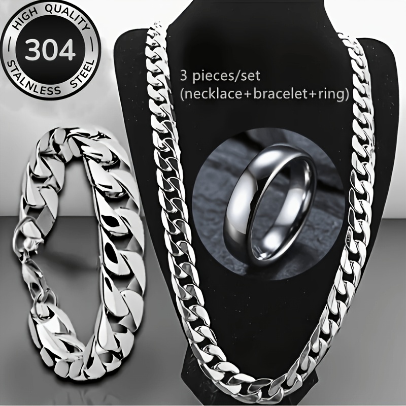 TEMU High-quality Polished Durable Men's Jewelry, Bracelet + Necklace + Ring Men's 304 304 304 Stainless Steel Jewelry Set, Suitable For