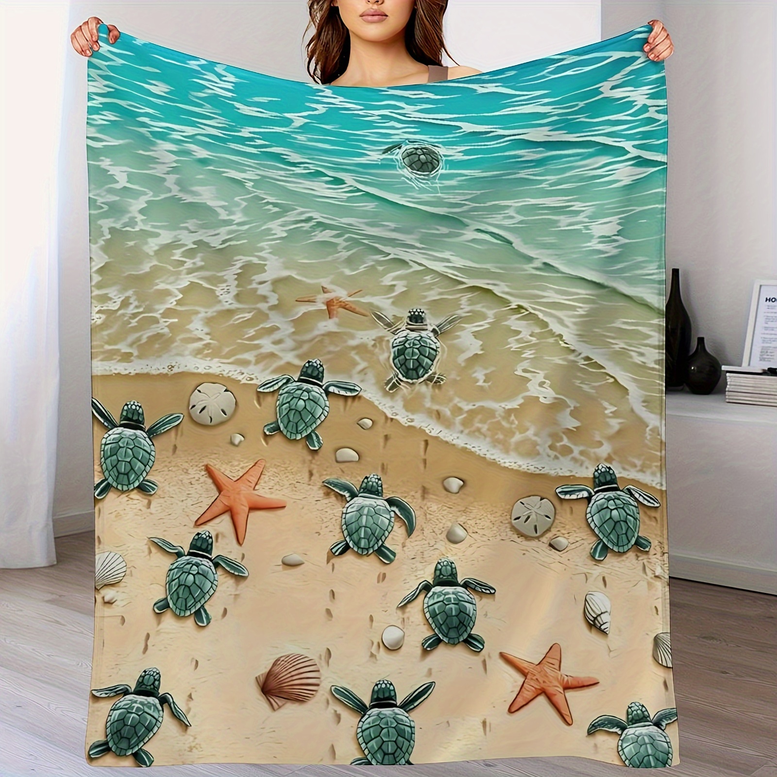 

Turtle Beach Fleece Blanket For Car, Bed, Turtle Fleece Throw Blanket For Women, Men - Super Soft Plush Beach Blanket Throw Fleece Turtle Ocean Blanket - Queen Size Blanket