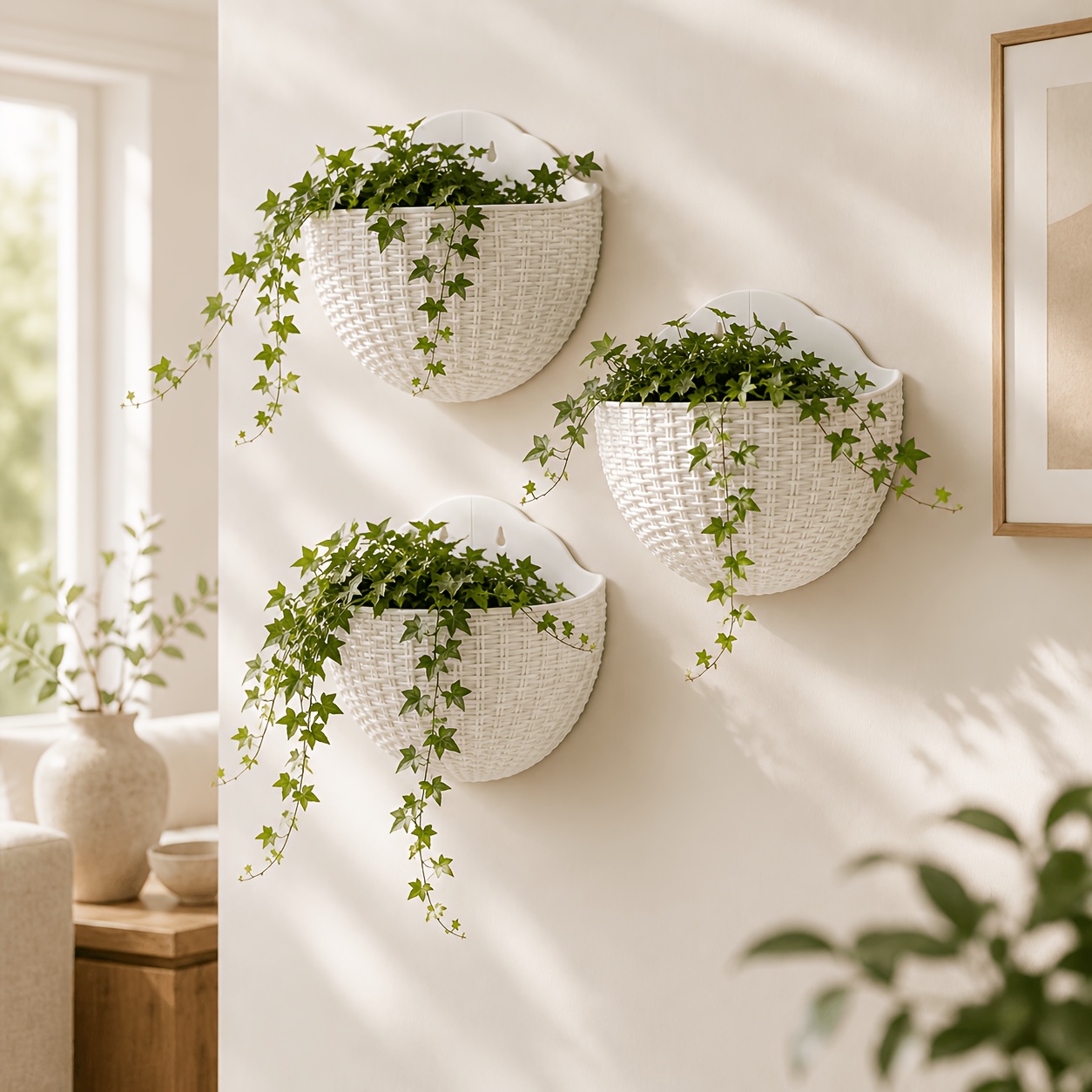 TEMU 3pcs Wall-mounted Hanging Planters, Plastic Rattan Style Plant Pots, Suitable For Plants, Herbs, Succulents, Balcony, Terrace And Garden