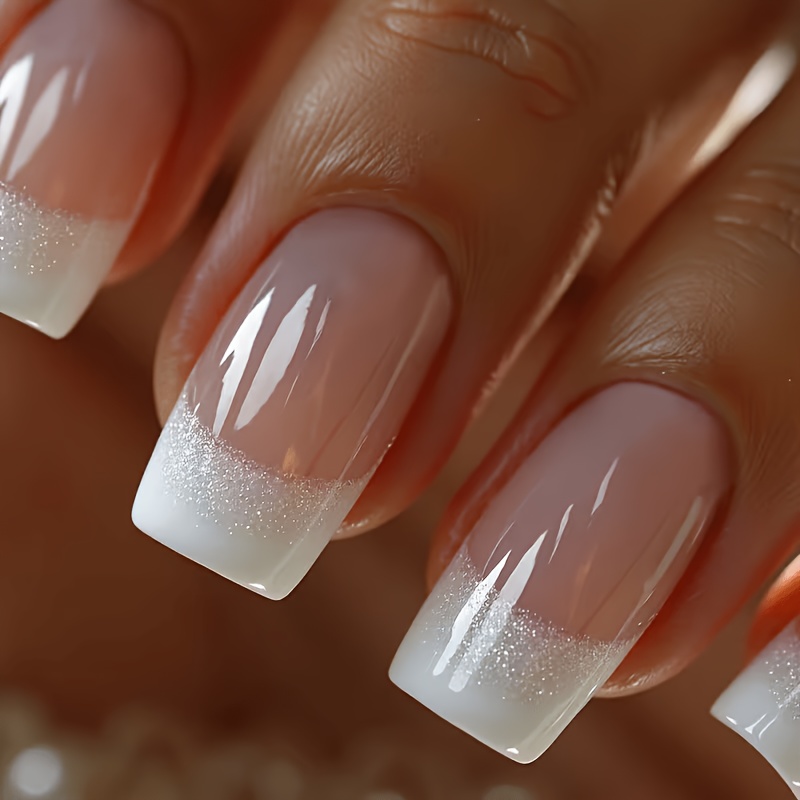 TEMU 49pcs Set: 48 Wearable Nails And 1 Nail Art Accessory. Medium-length Pink Glitter With White Tips, Square-shaped Press-on Nails - Elegant And , Suitable For Women And For Daily Wear In