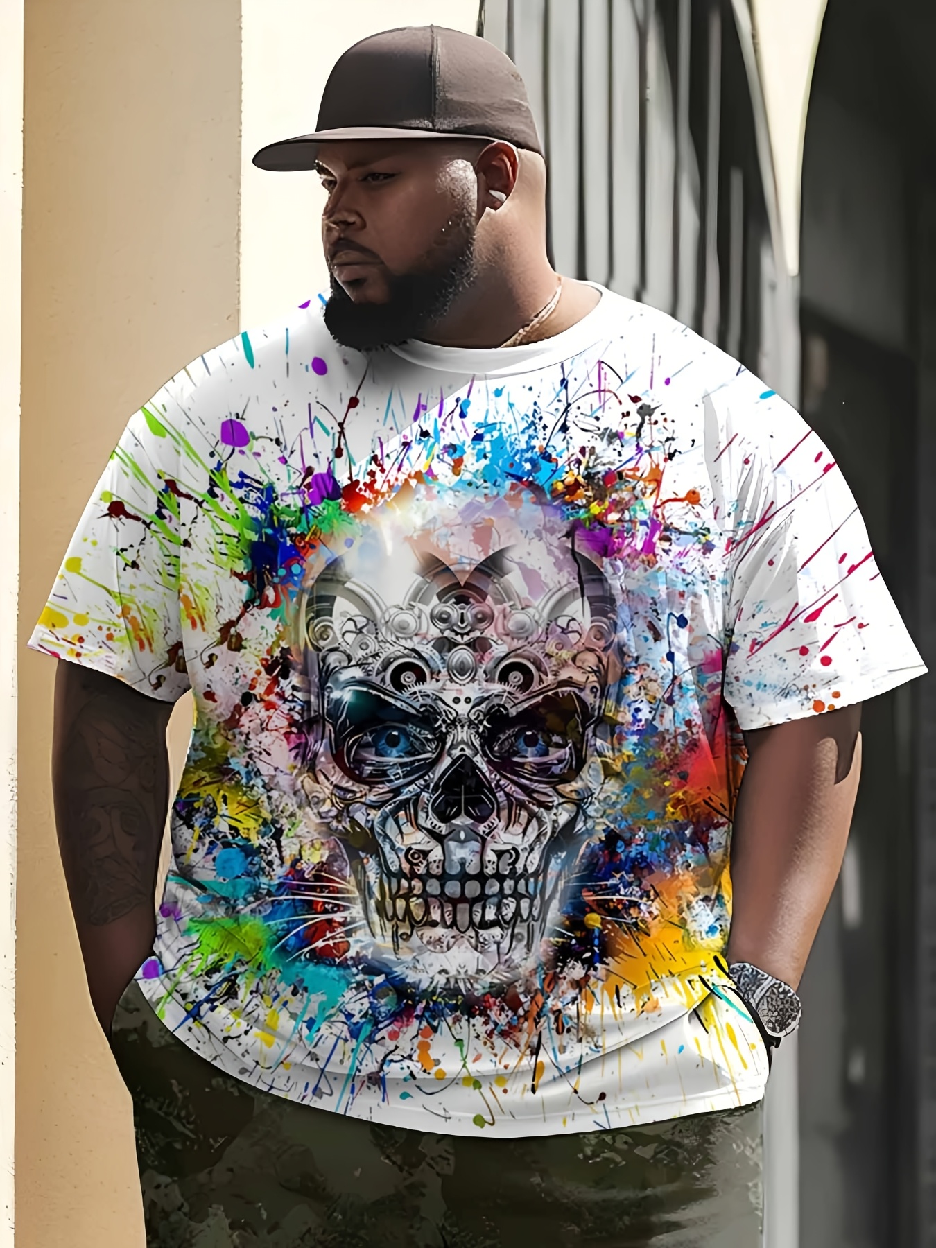 Men's 3D Printed Skull Graphic T-Shirt - Vibrant Colorful Streetwear Design, Breathable Regular Fit Round Neck, Machine Washable Summer Casual Top, Cool Gift for Men, Streetstyle Clothing, Artistic Fashion, Comfortable Fabric, PLUS SIZE