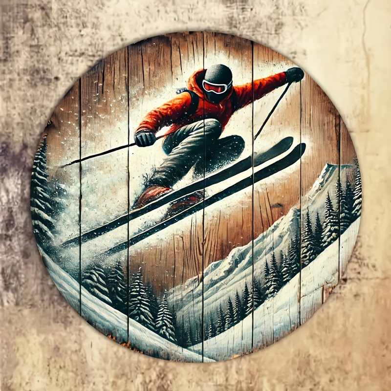 

Art Rond en Bois de Ski - Panneau Rustique sur le Thème du Ski de 8x8 Pouces avec Scène de Montagne et Skieur Dynamique, pour de Ski, Salons, Chambres ou Cadeaux