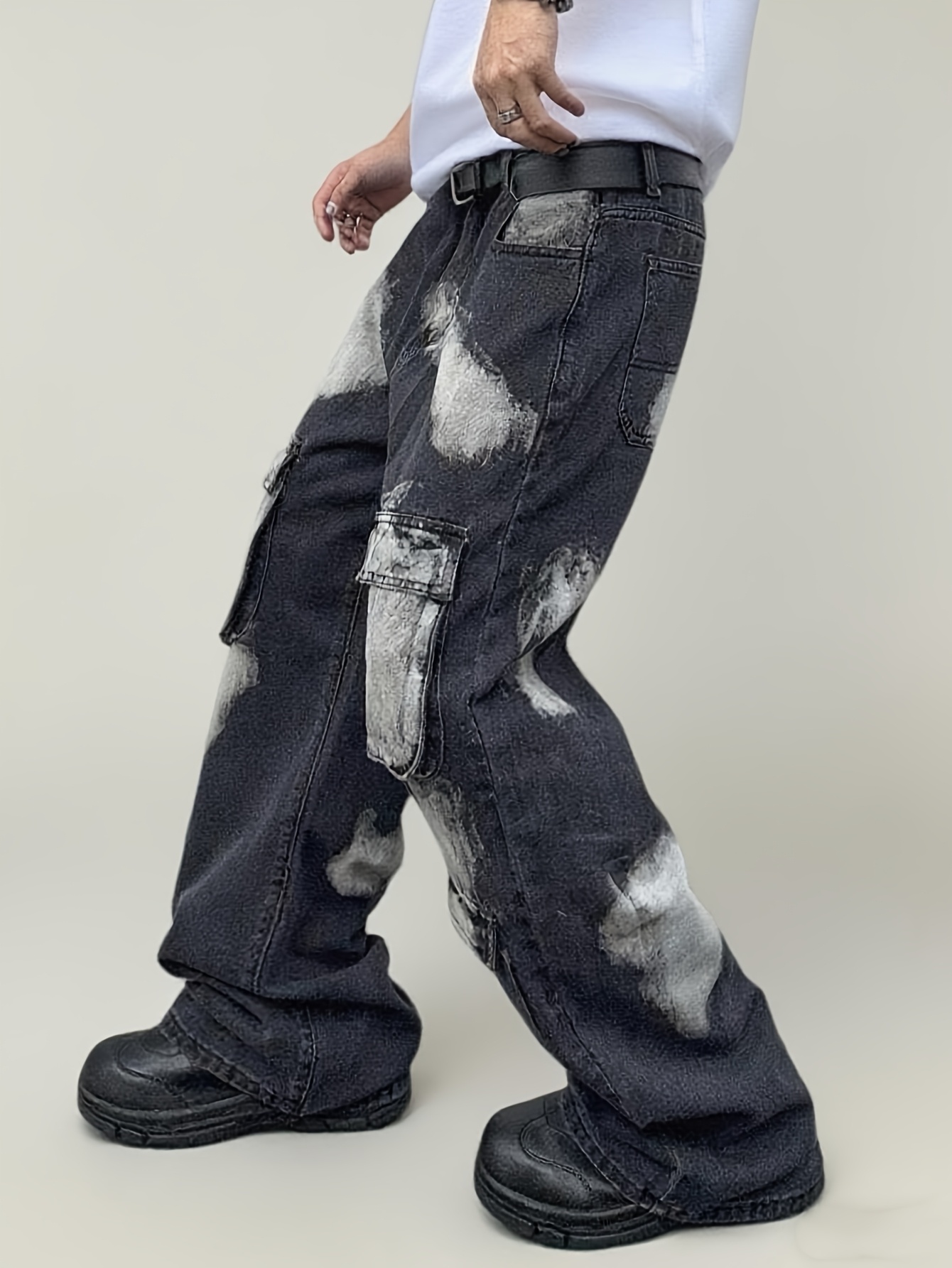 mens streetwear black white contrast denim wide leg pants Temu