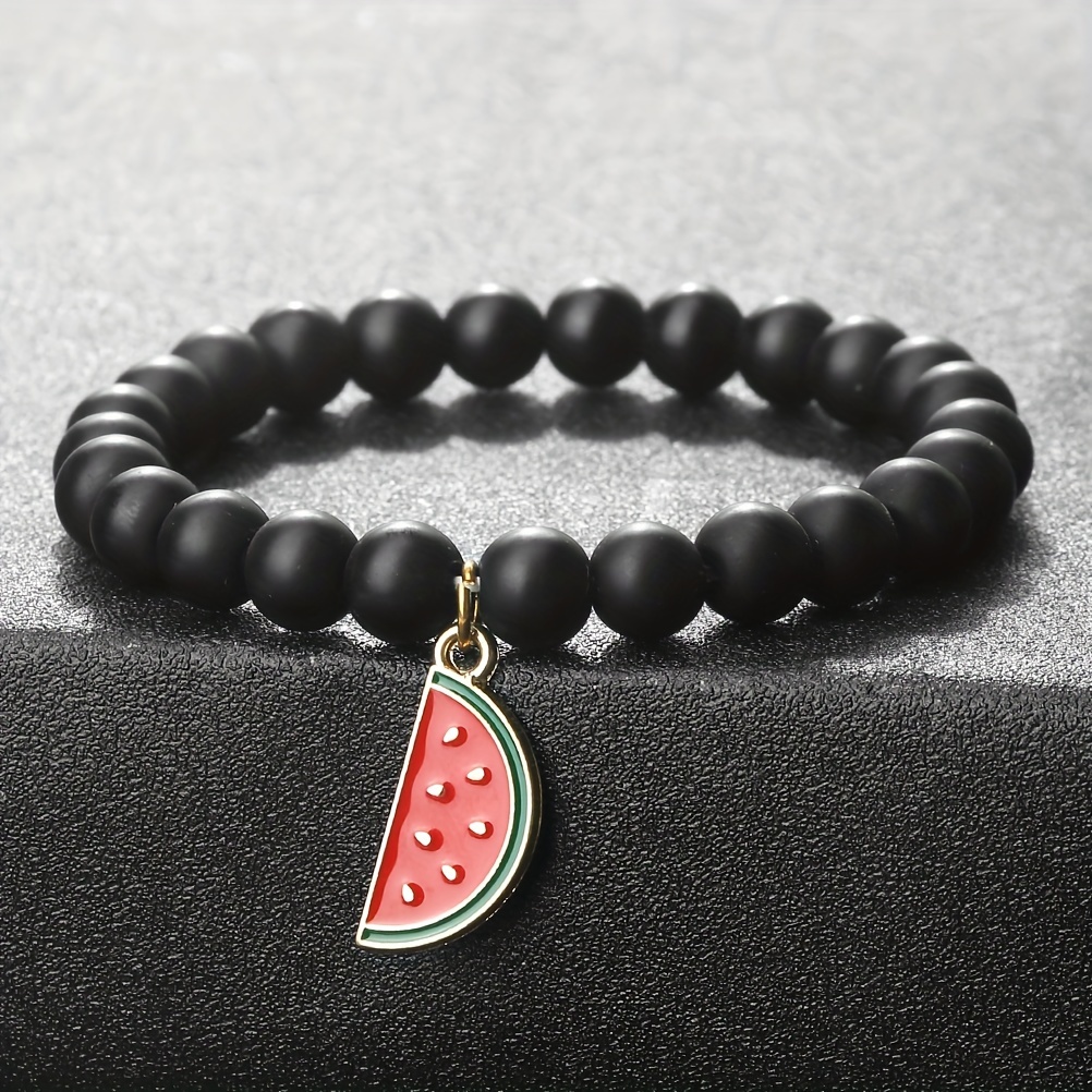 1pc Of Spring And Summer Cartoon Watermelon Bracelet 8mm Stone Bead Adjustable Elastic Bracelet For Men And Women Cool Jewelry For Travel And Vacation