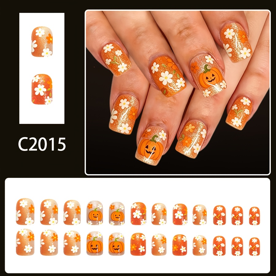 TEMU A Set Of 24 Short Glossy Square Press-on Fake Nails, Featuring A New European And American Halloween Style With Orange Glitter, , And Cute