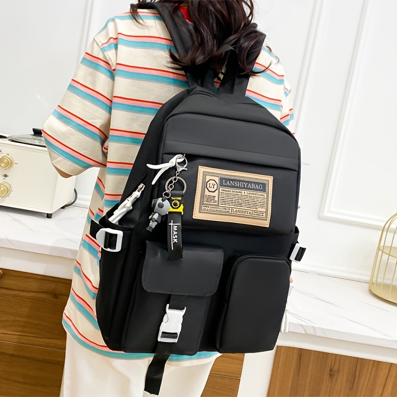 5pcs Solid Color Backpack Set, Large Capacity Double-ShoulderBag, Simple Tote, Pencil Bag, Casual Crossbody, Lightweight Student Shoulder Bag.