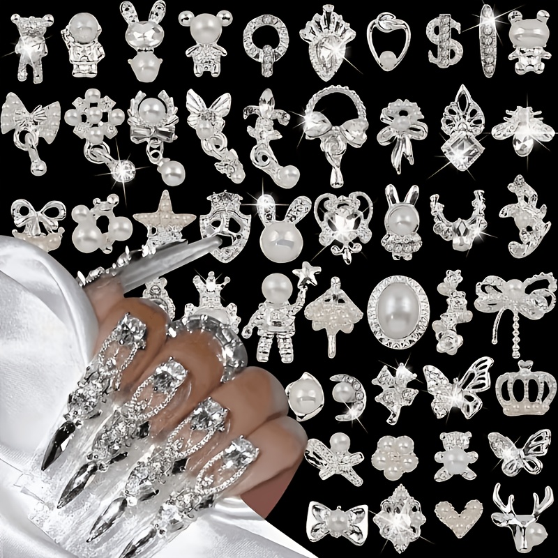 TEMU 30 Luxury Nail Rhinestones, Mixed Silvery And Golden Decorations, 3d Alloy Nail Decorations, Metal Bow Bear Nail Gems, Heart, Star And Flower