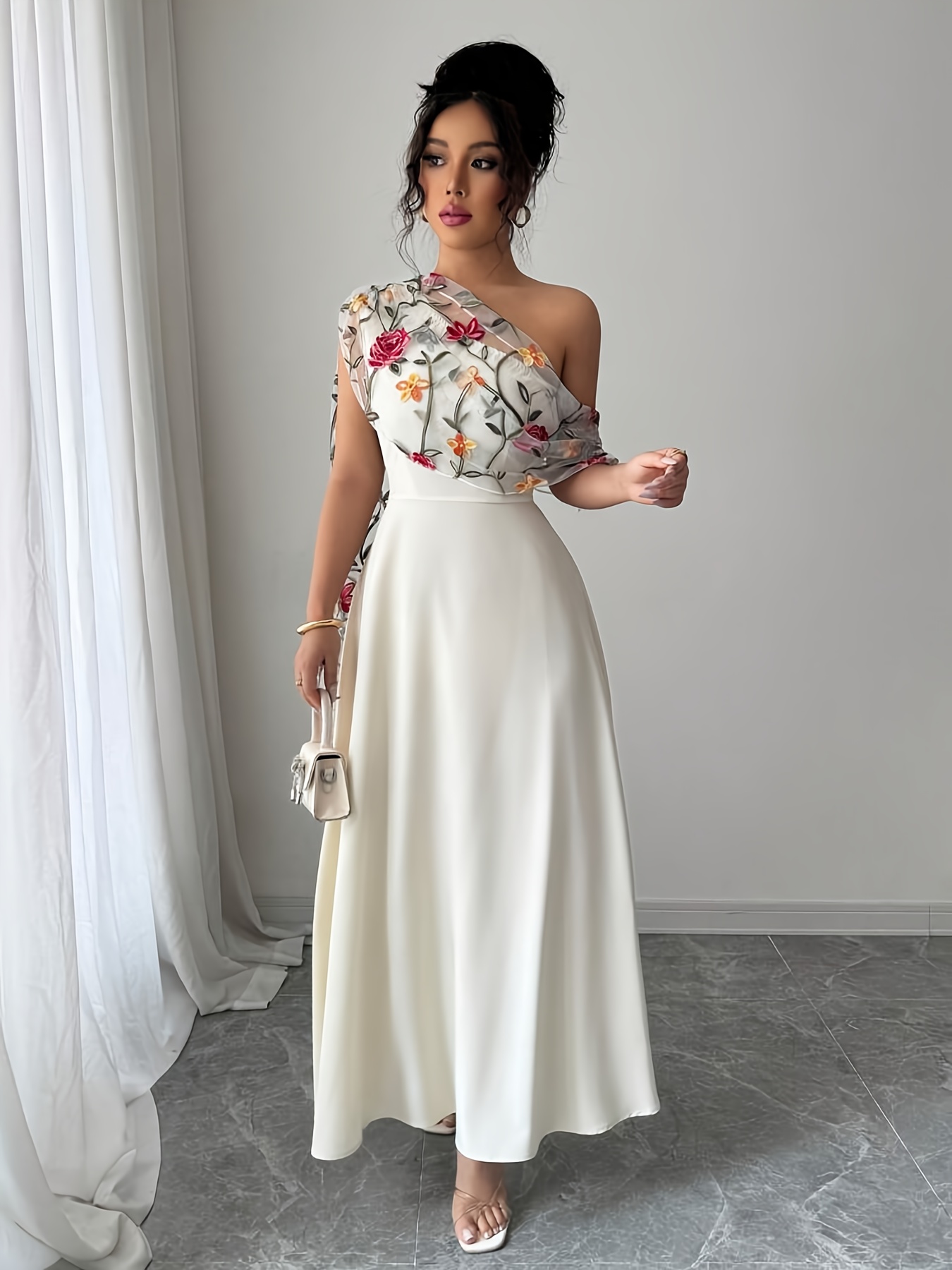 elegant shoulder floral embroidered maxi dress sheer overlay