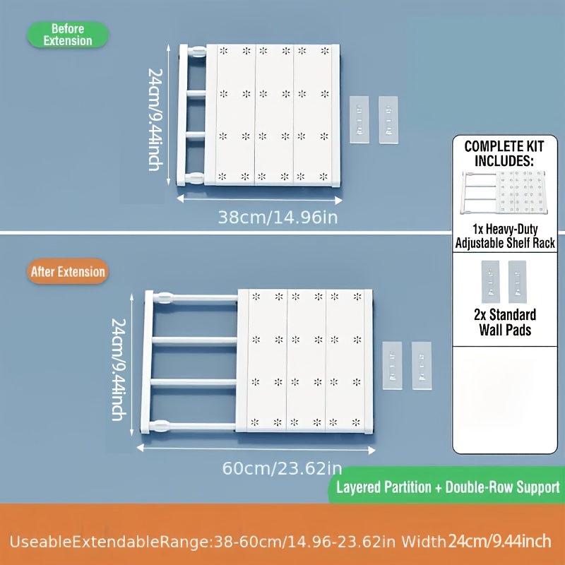 TEMU 3pcs (1pc Panneau de Tension et 2pcs Stickers Muraux Adhésifs) Organisateur de Placard Extensible Robuste - Étagère de Séparation Antidérapante