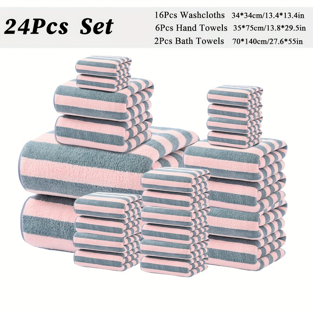 TEMU 24pcs Bath Towels Set, Including 16 Washcloths + 6 Hand Towels + 2 Bath Towels, Microfiber Material, Solid Color Towels, Options, Soft And